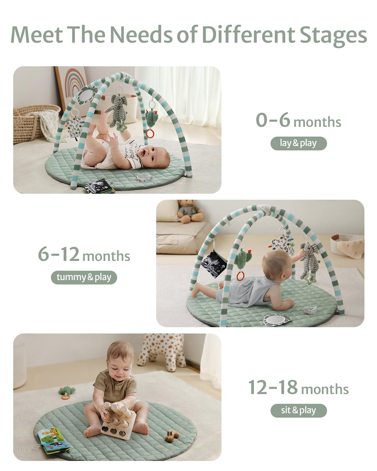 Blissful Diary Baby Play Gym Mat, Tummy Time Mat with 6 Detachable Toys for Stage-Based Sensory & Motor Skill Development, Baby Activity Mat Easy to Install & Clean, Baby Essentials Gift, Sage Green