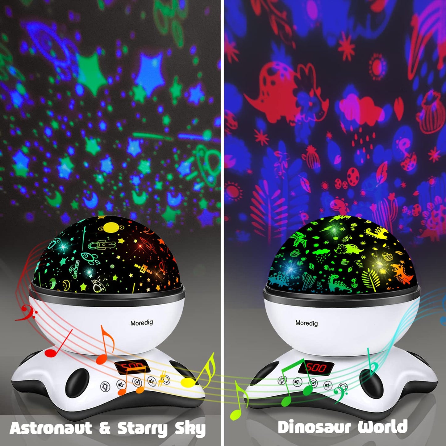 Moredig Dinosaur Night Light Projector, Remote Dinosaur Night Light for Boys with 18 Colors Projector Light for Kids with Timer 2 Projections 12 Music, Gifts for Baby Boys - Black