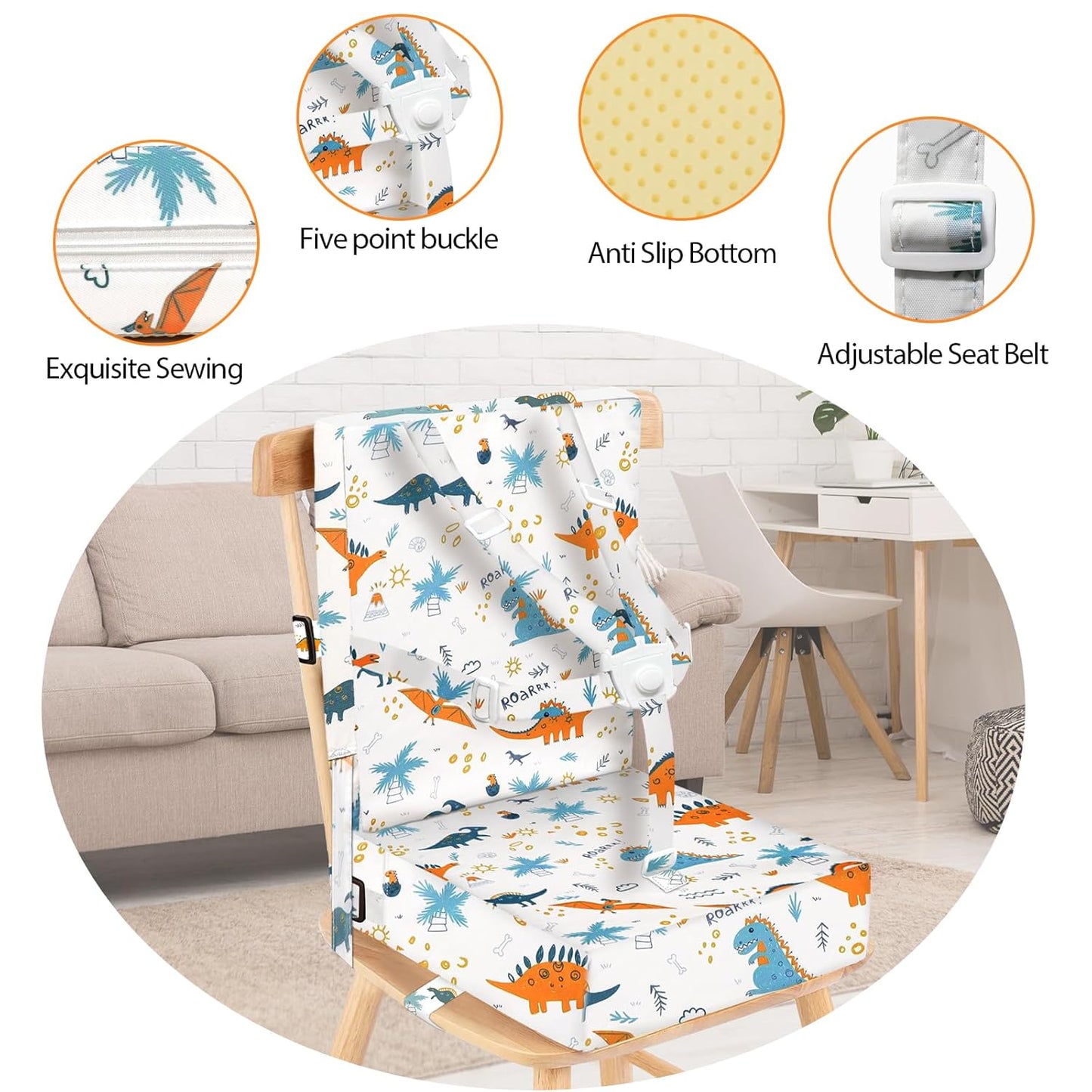 Toddler Booster Seat for Dining Table, Adjustable 5 Point Safety Buckle Kids Toddler Booster Seat with Backrest, Waterproof Non-Slip Bottom Portable Travel Increasing Cushion for Chair (White)