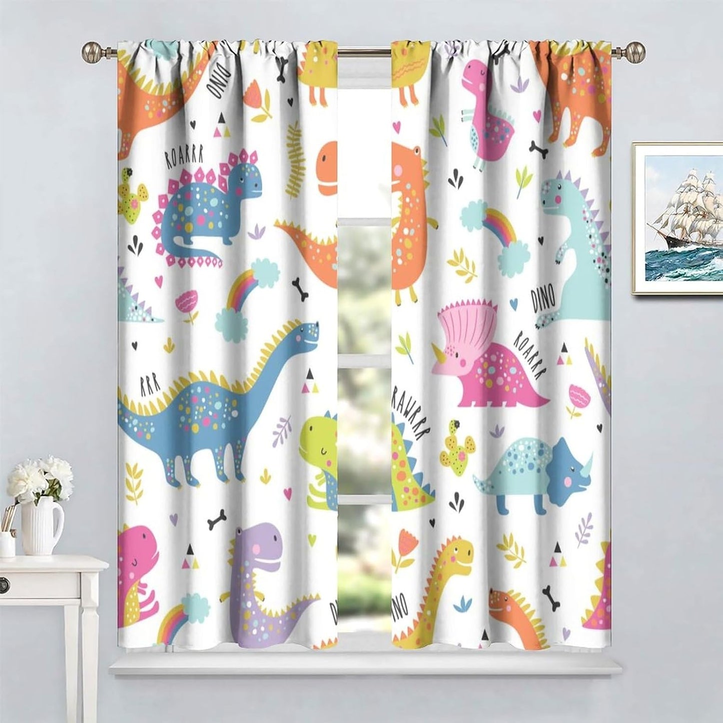 Cartoon Dinosaur Curtains for Kids Boys Girls Home Decor Childish Cute Dino Animals Print Pattern Rod Pocket Blackout Window Drapes for Nursery Baby Bedroom Playroom W27.5xL63in 2 Panels