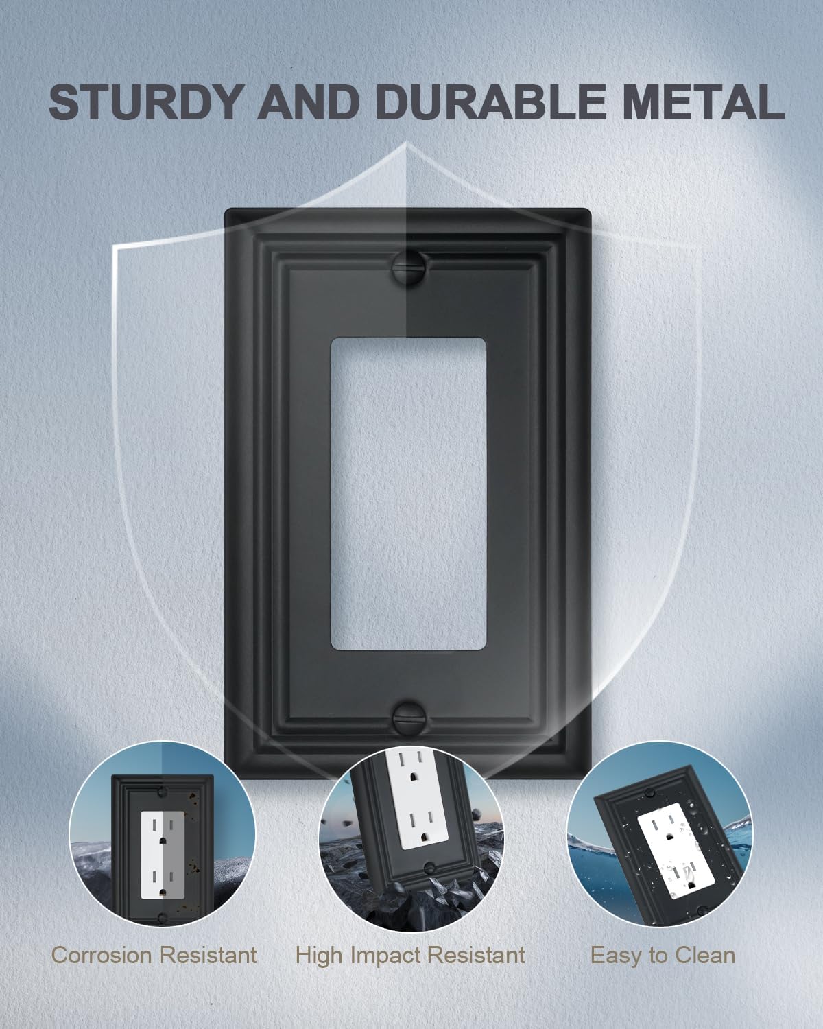 4-Pack Decorator Outlet Covers, Decorative Black Wall Plates, Metal Outlet Cover Plates for Receptacle, GFCI, Dimmer Switch, 3.15''*4.88'', Midsize