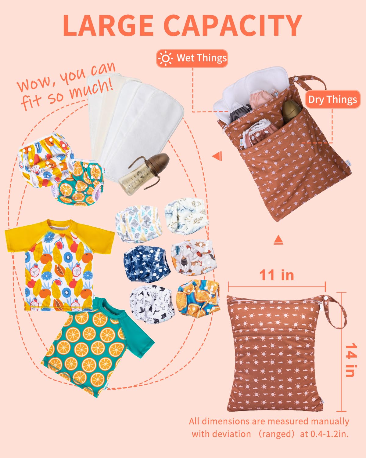 babygoal Wet Dry Bags for Baby Cloth Diapers, Washable Travel Bags, Beach, Pool, Gym Bag for Swimsuits & Wet Clothes with Two Zippered Pockets 3 Pack, 3LN16