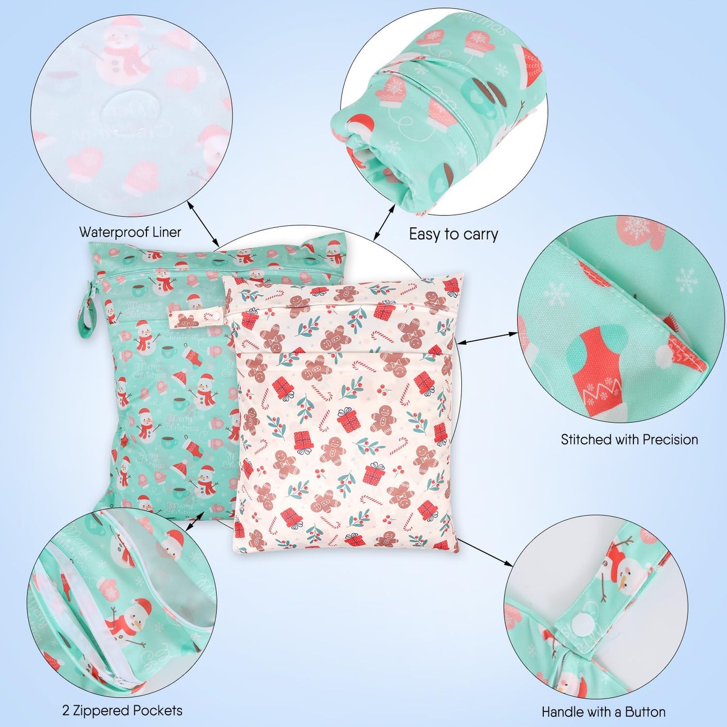 2pcs Travel Waterproof Laundry Bag, Cloth Diaper Wet Dry Bags with Handle & 2 Zipper Pockets, Reusable Washable Dirty Clothes Bag for Baby Adult Travelling Hanging, Bathing Beach Pool Daycare