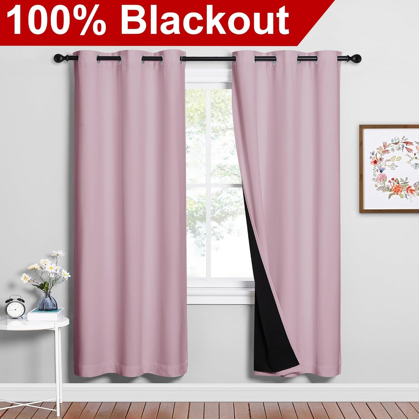 NICETOWN 100% Blackout Window Curtain Panels, Baby Pink, 2 Pieces, 42-inch Wide Per Panel, Full Light Blocking Drapes with Black Liner for Nursery, 72-inch Drop Thermal Insulated Draperies