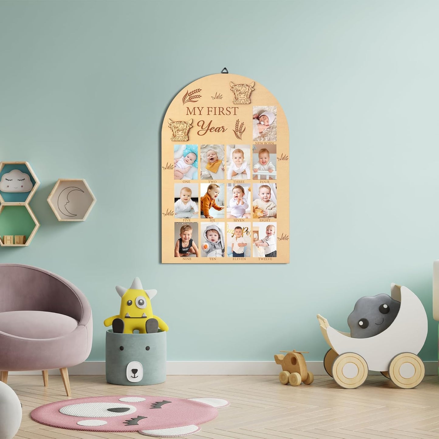 R HORSE Picture Frame - My First Year Photo Display Board, Highland Cow, Wood, 15.7 x 11 inches, Unisex Adult Gift