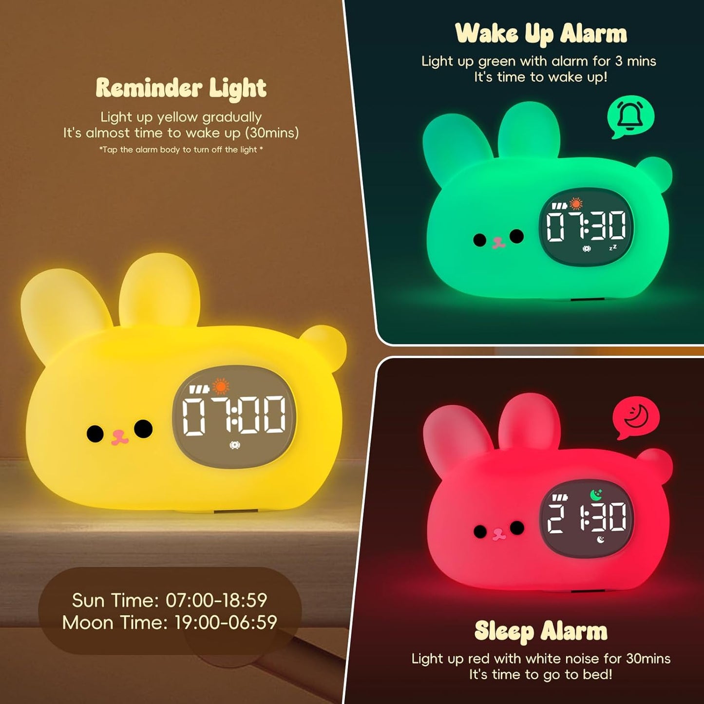 Bunny Alarm Clock with Night Light for Kids with Sleep Training and Sound Machine, Rechargeable Silicone Lamp OK to Wake Clock，Cute Animal Tabletop Lamp, Perfect Sleep Companion for Boys Girls