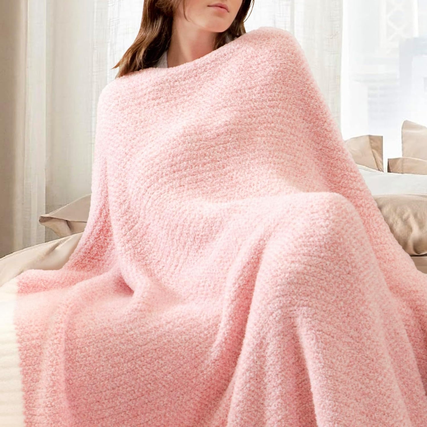 Snuggle Sac Heather Pink Throw Blanket for Couch, Reversible Super Soft Blankets Warm Cozy Knit Fuzzy Plush Lightweight Throws for Sofa, Bed, Camping,Heather Pink, 60x80