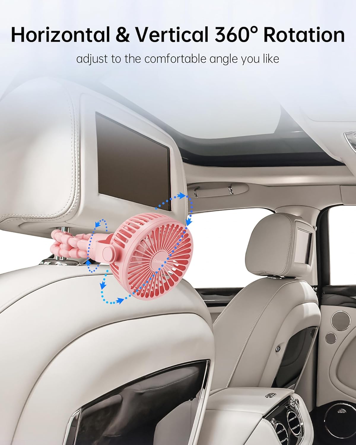 Stroller Fan Rechargeable Battery Powered Portable Fans, Head Detachable 360° Rotatable Clip on Fan, 3 Speed Quiet Small Mini Fans with Light Night for Carseat, Bed, Crib, Bike, Travel, Pink