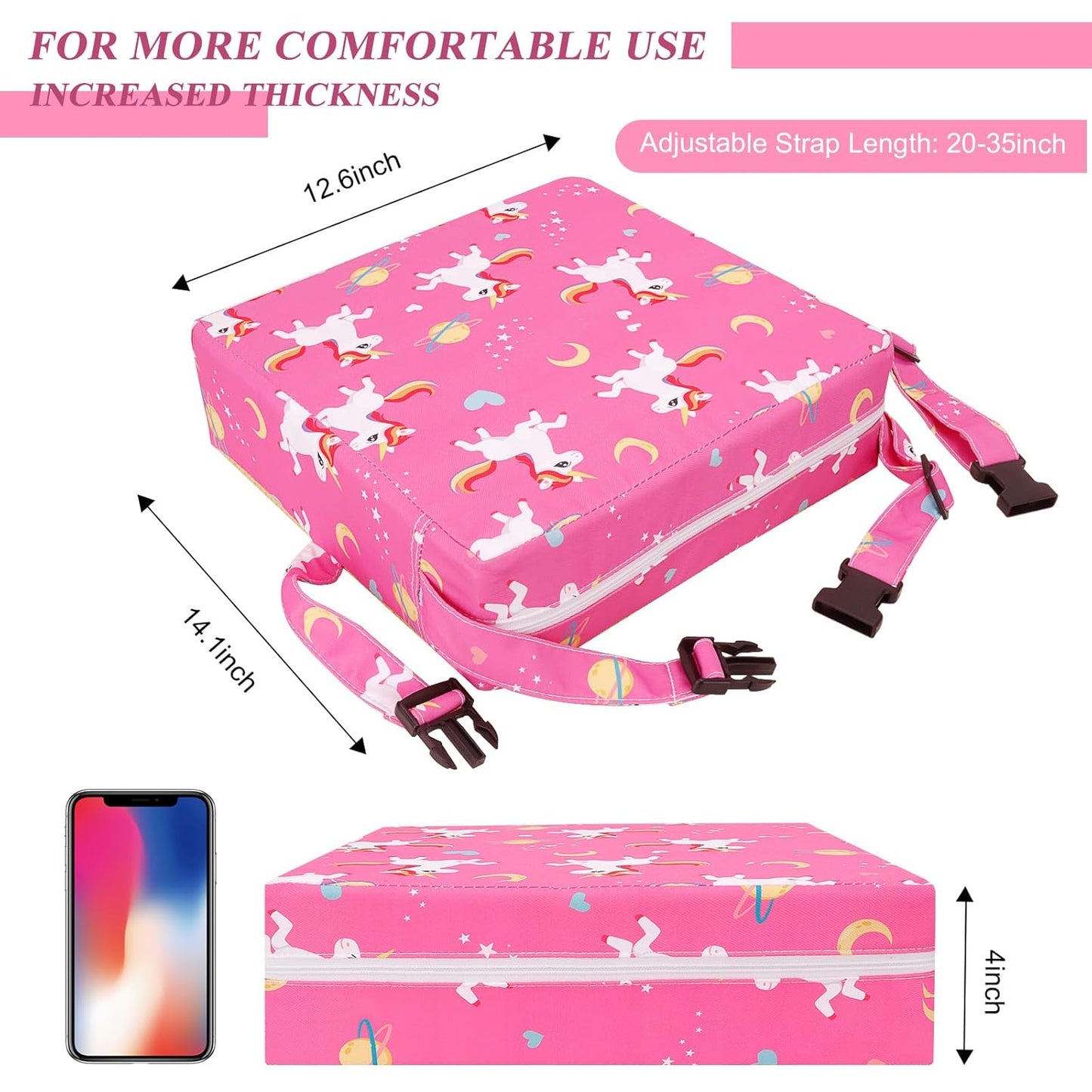 Toddler Booster Seat for Dining Table, Stronger Support Booster Seat for Table Washable 2 Safer Straps Non-Slip Bottom Portable for Kids Baby Increasing Cushion for Travel Home