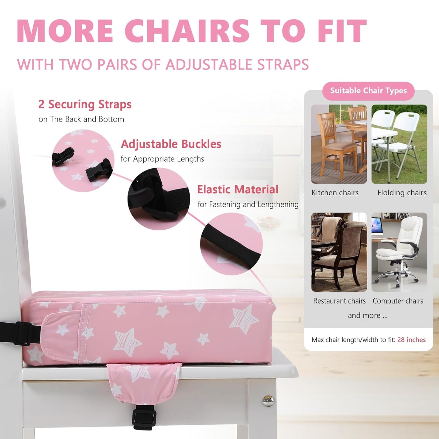 Booster Seat for Kitchen Chair with Adjustable Straps, Toddler Booster Seats for Dining Table Portable for Travel Camping Eating, Booster Cushion for Table for Baby Child Infant Kid Boy Girl