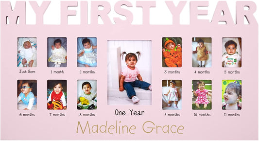 Let's Make Memories Personalized Baby's First 12 Months Photo Frame- New Parents- Newborn- Nursery - Pink