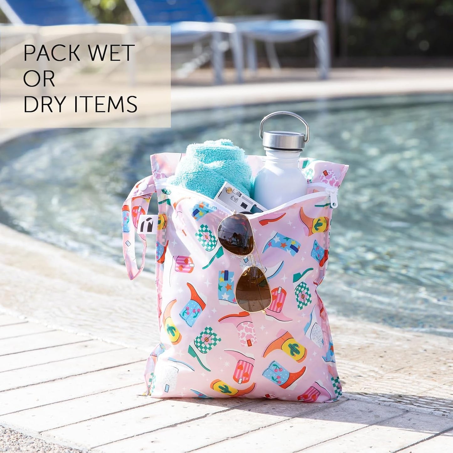 Bumkins Roamio - Waterproof Wet Bag - For Baby, Travel, Swim Suit, Cloth Diapers, Pump Parts, Pool, Gym, Toiletry, Strap to Stroller - Reusable & Easy to Clean - 2pk - Cowgirl Boots & Disco