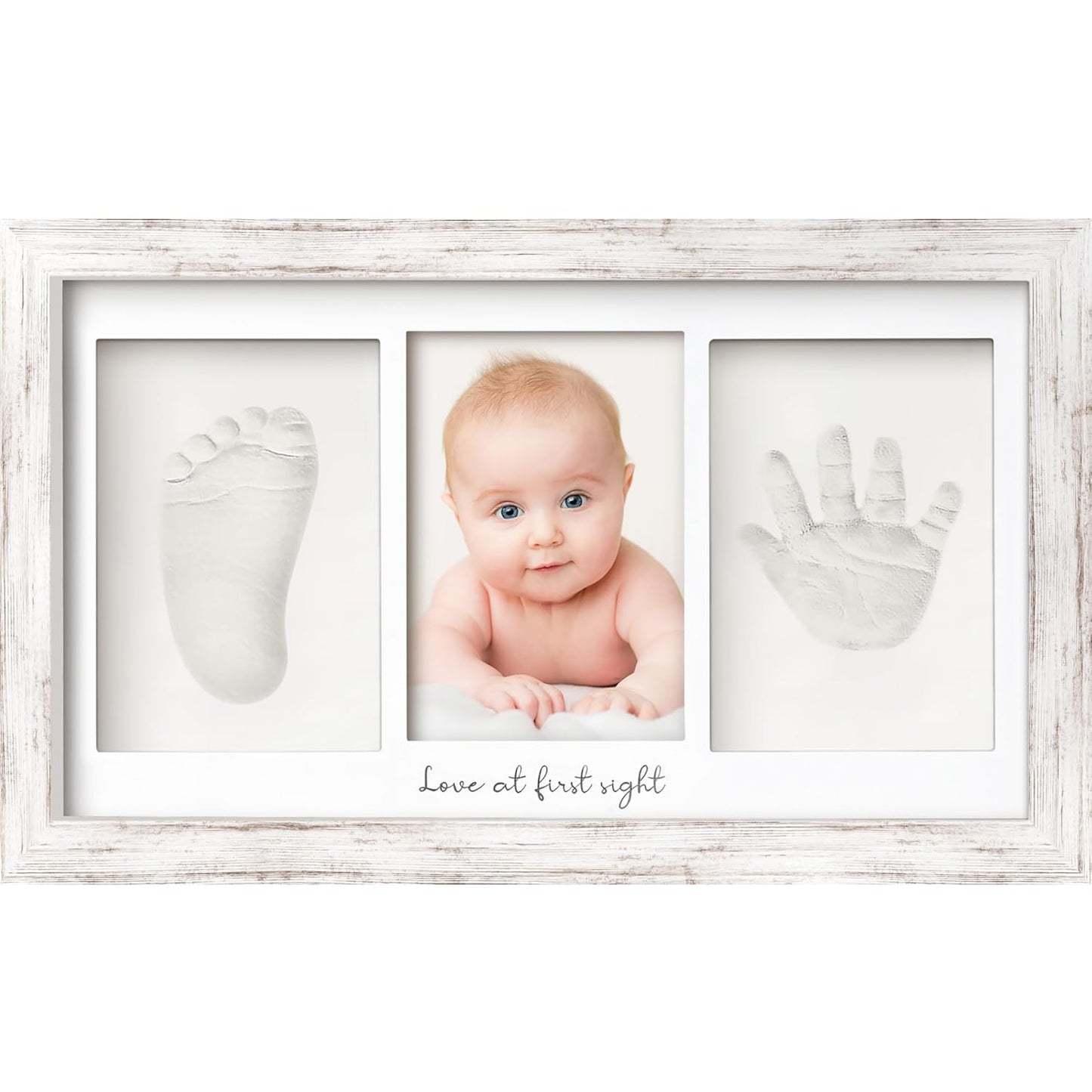 Baby Hand and Footprint Kit - Clay Handprint Keepsake Frame, Newborn Nursery Picture Frame, Personalized New Mom Gifts for Baby Shower & Registry (Vintage White)