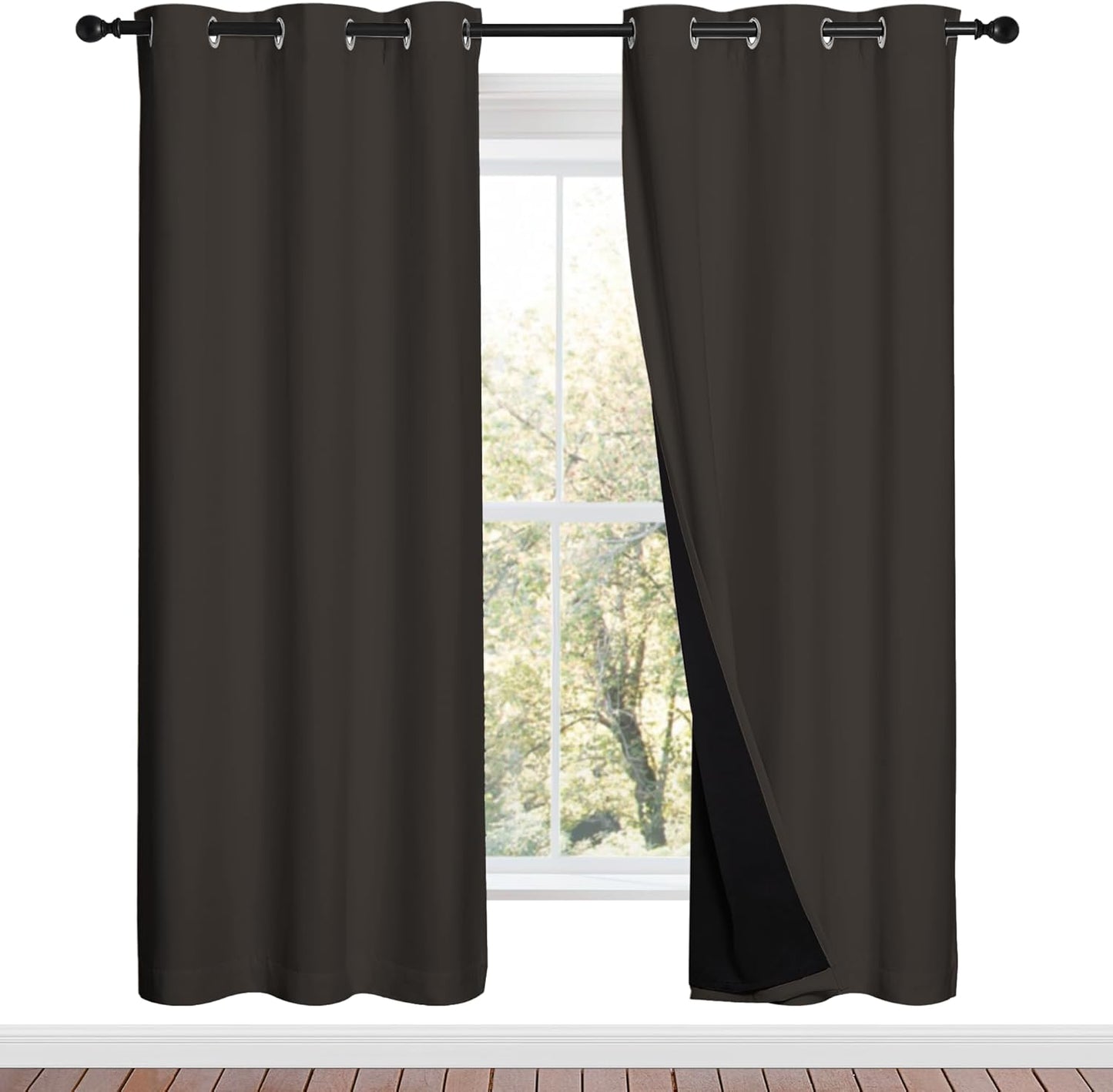 NICETOWN 100% Blackout Window Curtain Panels, Brown, 2 Pieces, 42-inch Wide Per Panel, Full Light Blocking Drapes with Black Liner for Nursery, 72-inch Drop Thermal Insulated Draperies