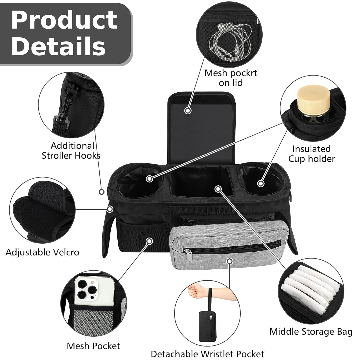 Accmor Universal Stroller Organizer with Insulated Cup Holder Detachable Phone Bag and Shoulder Strap,Stroller Bag Caddy Organizer Fits for Uppababy, Baby Jogger, Britax Strollers