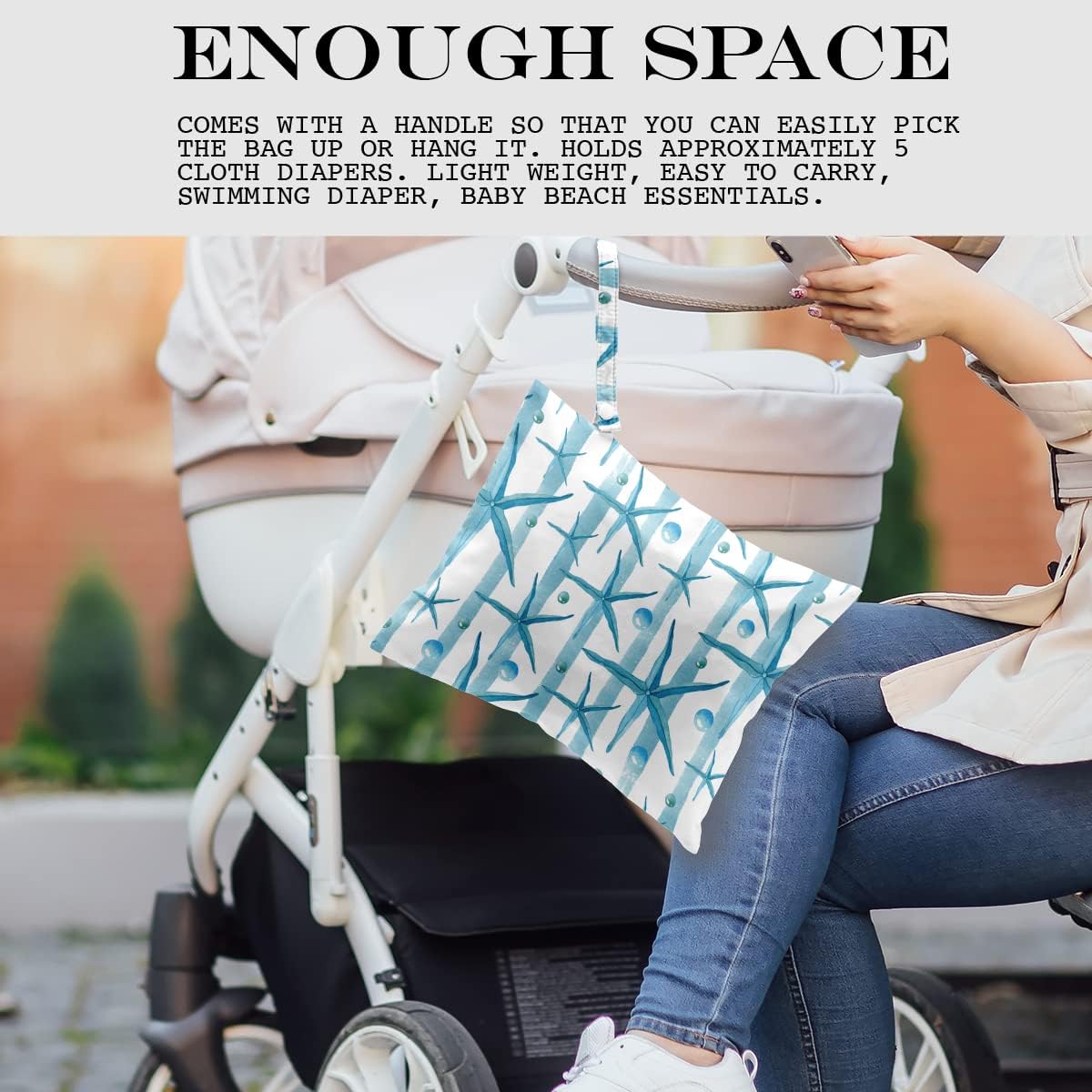 Wet Dry Bag for Swimsuit, Travel, Beach, Pool, Diapers, Dirty Yoga Gym Clothes, Makeup, Waterproof Reusable Beach Bag with Ocean Decor Starfish Sea Horse Anchor