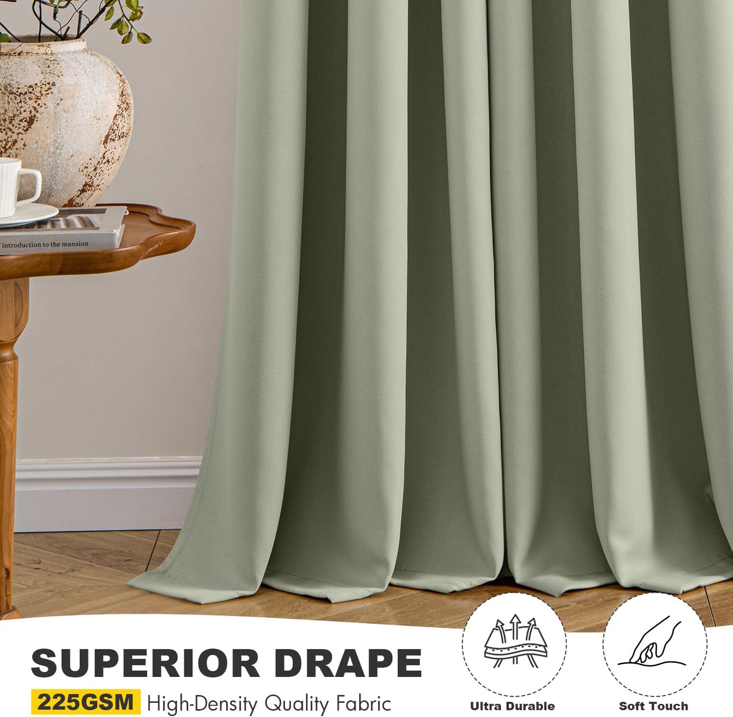 MIULEE Sage Green Blackout Curtains for Bedroom Living Room 64 Inches Long 2 Panels, Thermal Insulated Room Darkening Drapes Solid Grommet Top Noise Reducing Light Green Window Treatments 40x64 Inch