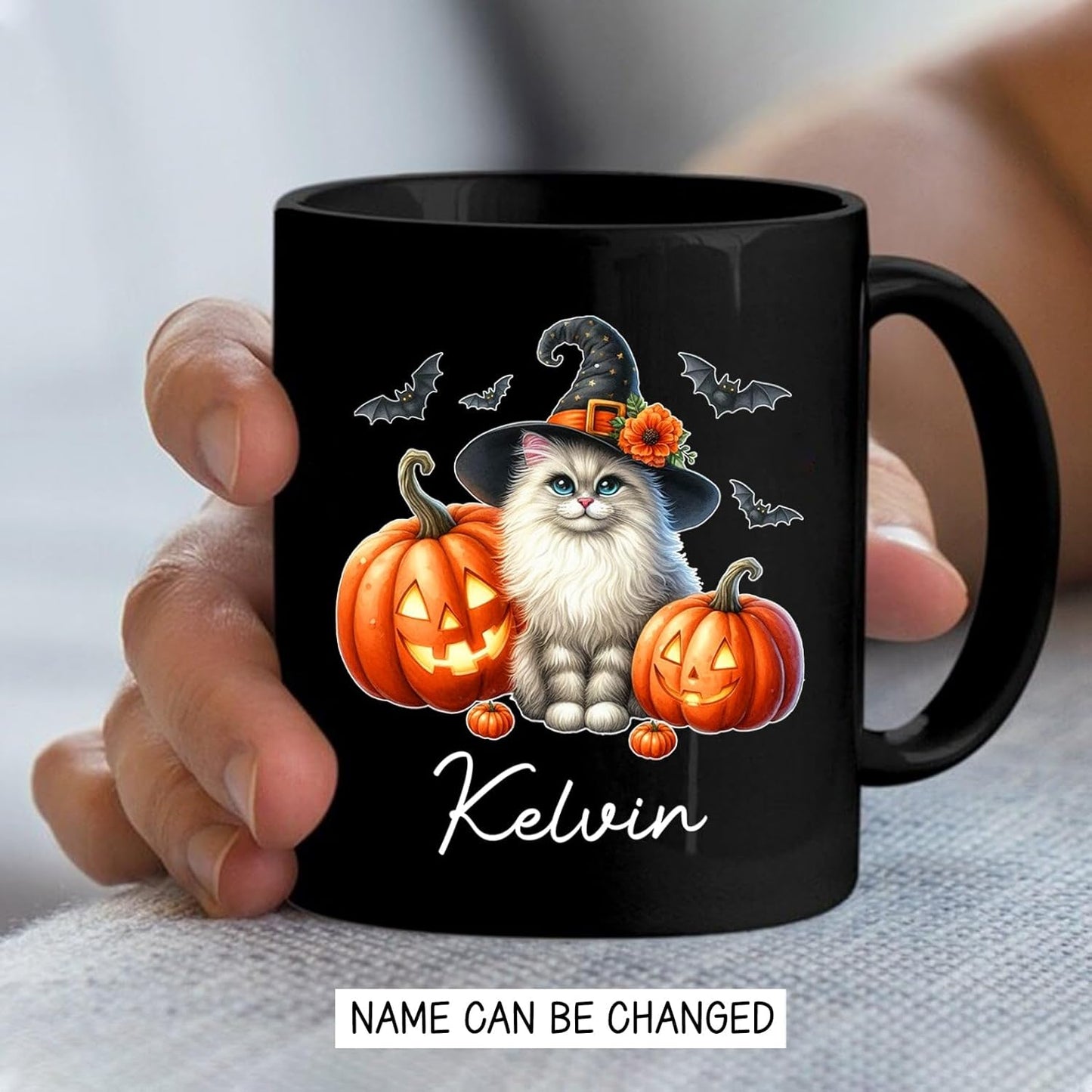 Personalized Turkish Angora Wearing Witch Hat Mug 11oz 15oz, Halloween Turkish Angora Coffee Cup with Custom Name, Cat Pumpkins Ceramic Mug for Halloween, Cat Pet Black Cup Gift for Pet Lover