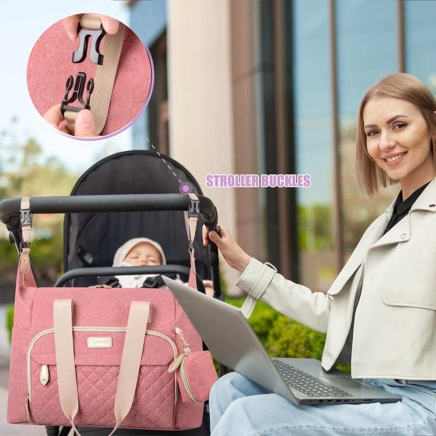 Tuwubi Diaper Bag Tote,Baby Diaper Bag with Pacifier Case Large Travel Diaper Tote Caddy for Mom and Dad Multifunction Large Baby Bag - Pink