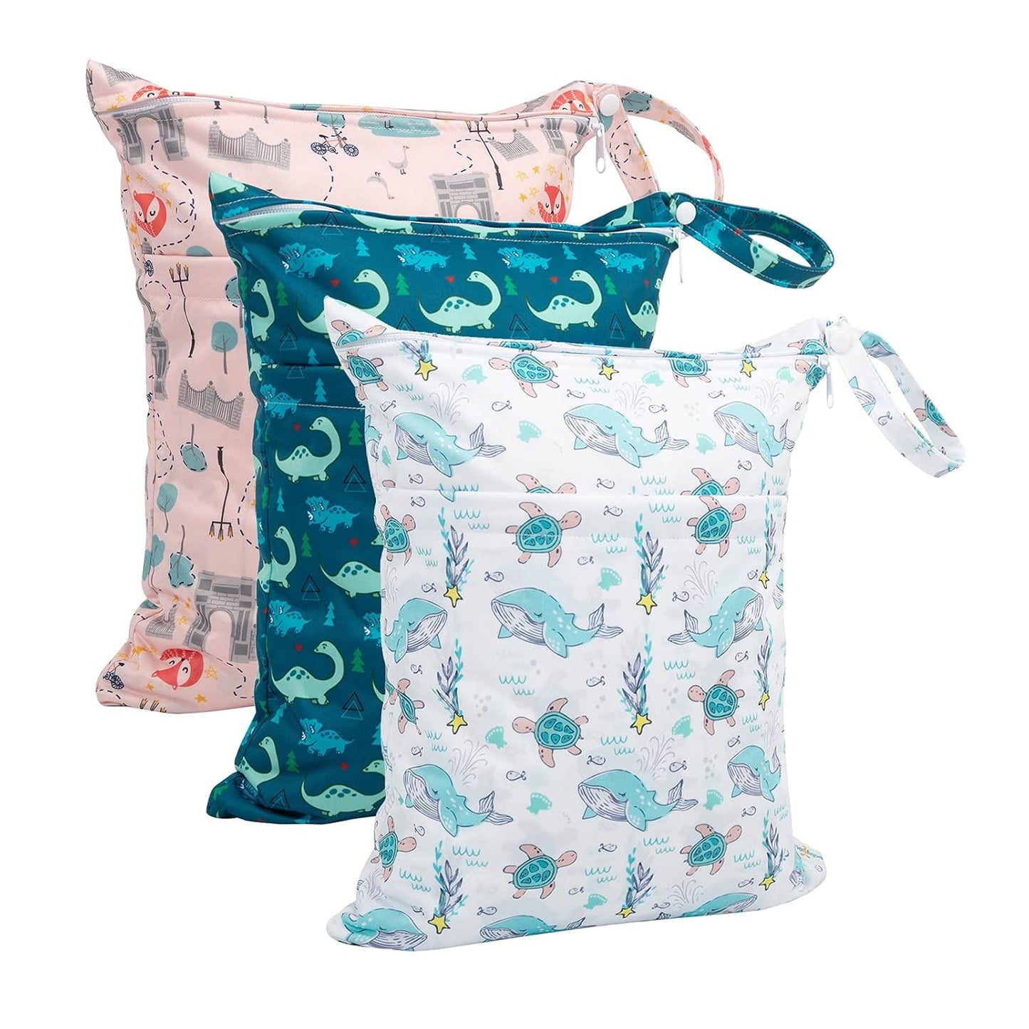 babygoal Wet Dry Bags 3 Pack for Baby Cloth Diapers, Washable Travel Bags, Beach, Pool, Gym Bag for Swimsuits & Wet Clothes with Two Zippered Pockets 3LN17