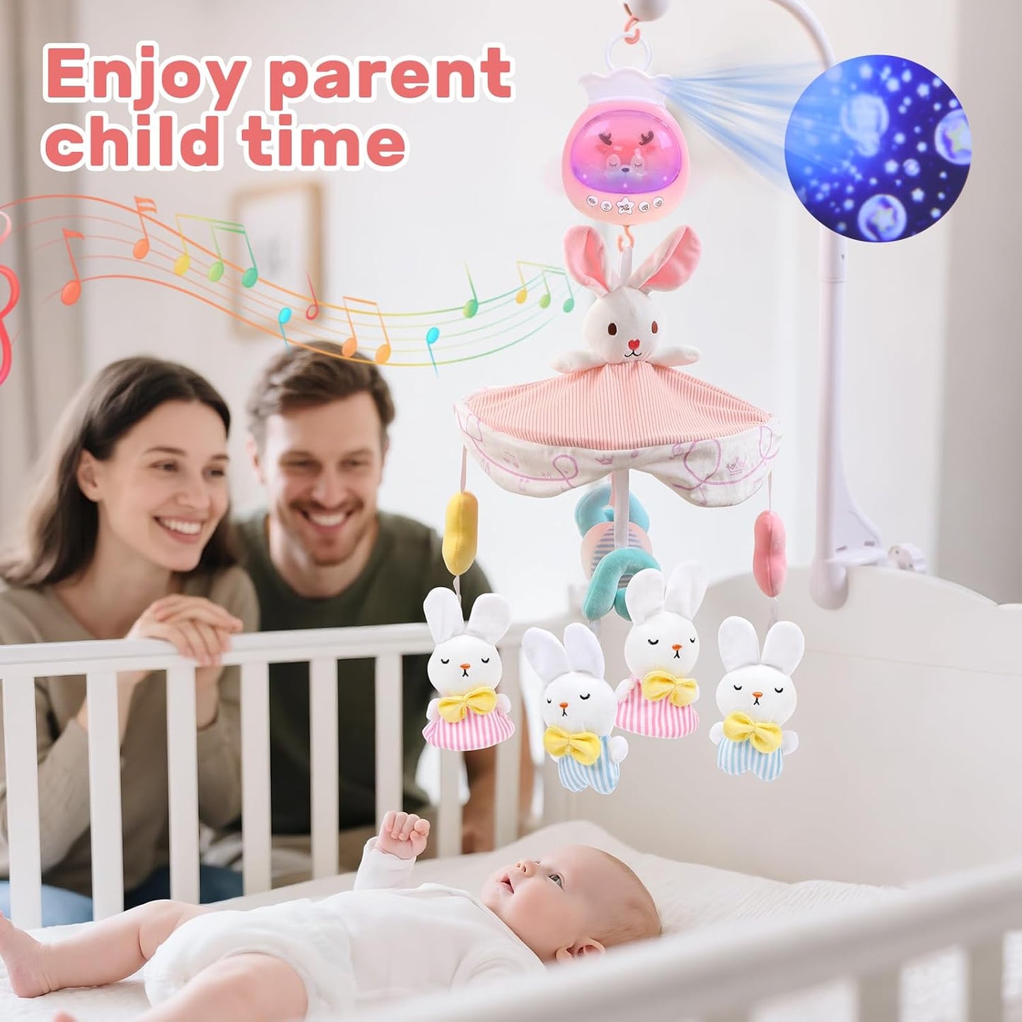 Baby Crib Mobile for Girls with Music, Lights & Projection, Adjustable Volume, 360° Rotating Plush Crib Toys with Detachable Musical Box, Hanging Mobile for Crib, Nursery Decor