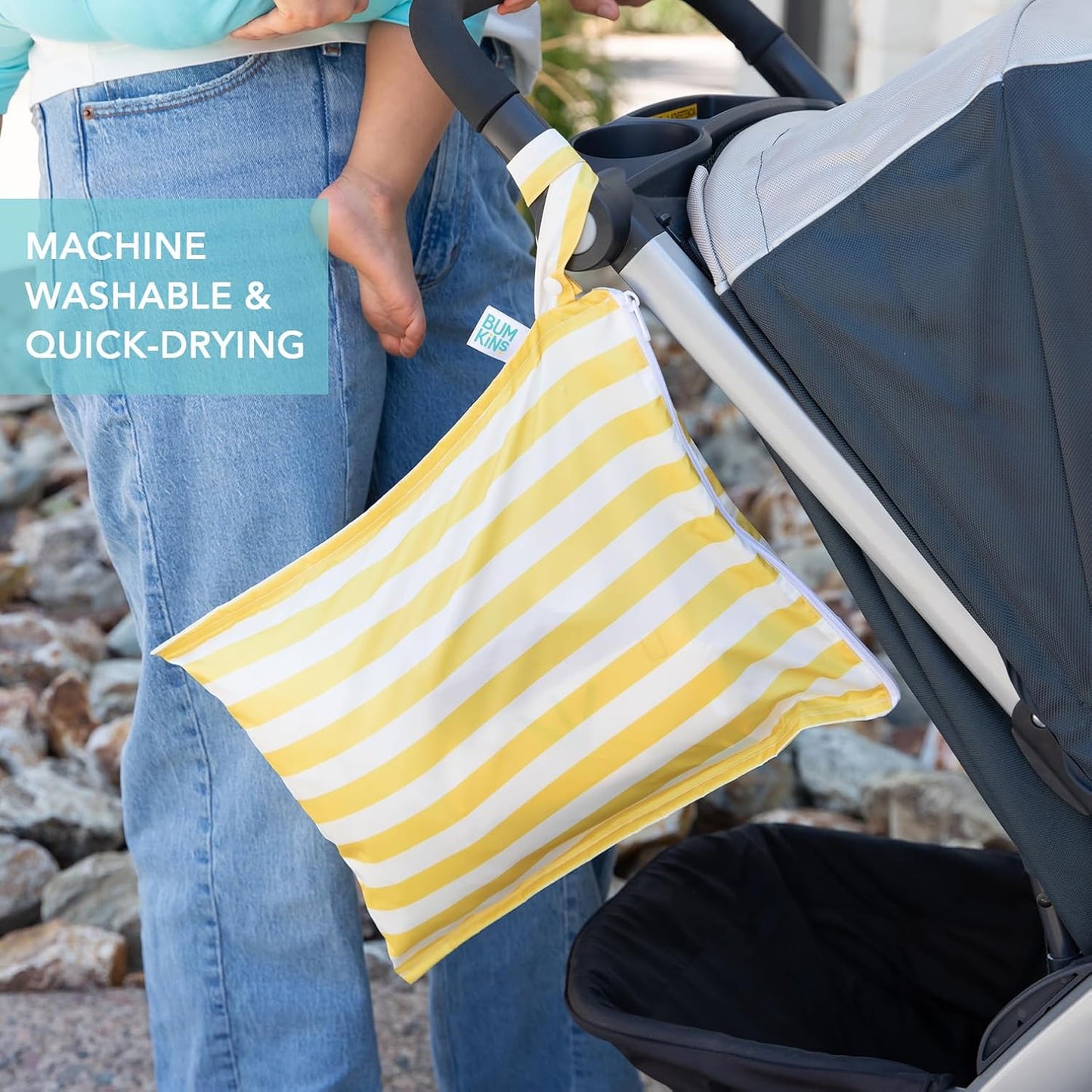 Bumkins - Waterproof Wet Bag - For Baby, Travel, Swim Suit, Cloth Diapers, Pump Parts, Pool, Gym, Toiletry, Strap to Stroller - Reusable & Easy to Clean - 2pk - Yellow & Blue Stripe