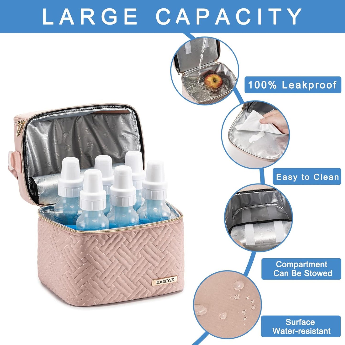 Breastmilk Cooler Bag with Ice Pack Fits 6 Baby Bottles up to 9 Ounce, Breast Milk Pump Cooler Bag with Shoulder Strap for Nursing Mom Daycare, Work, Travel- Pink