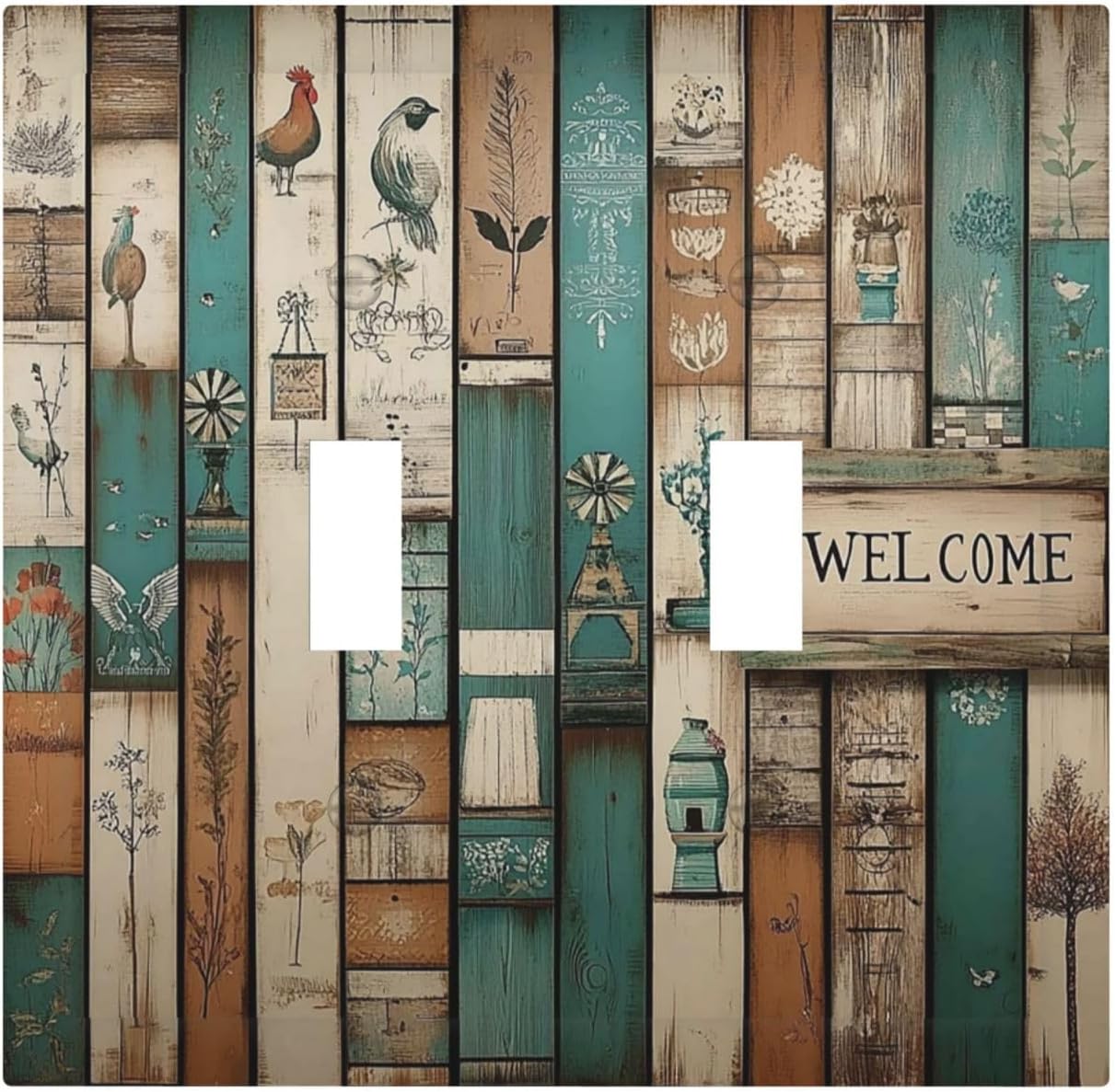 Decorative Switch Plates Vintage Wood Brown Turquoise Splicing 2 Gang Double Toggle Outlet Light Switch Cover Wall Plate Electrical Faceplate For Farmhouse Cabin Decor