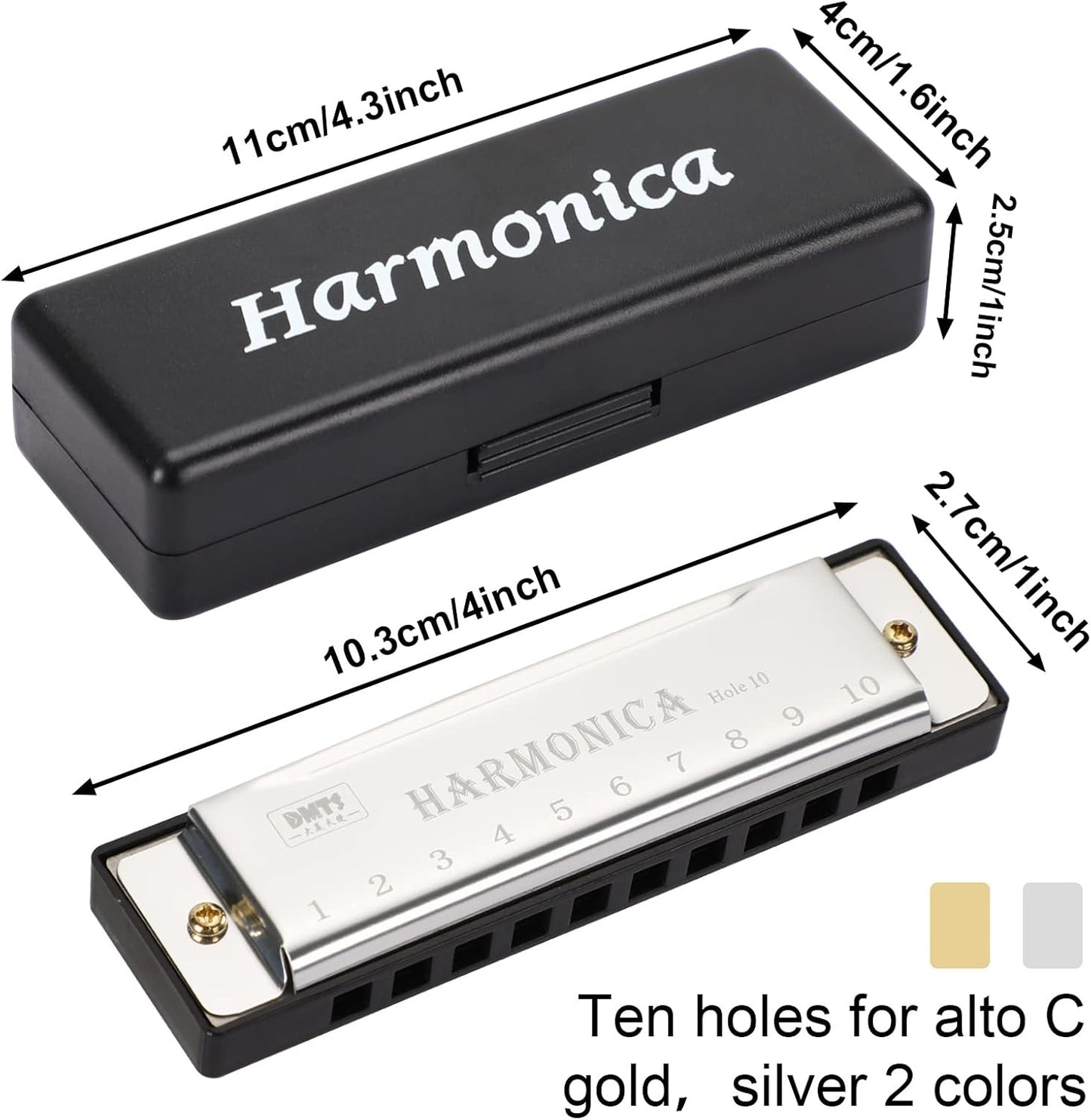 UPINS Harmonica, 4PCS Key of C 10 Hole 10 Tones Titanium Color Harmonica with Case for Beginner (Gold, Silver)