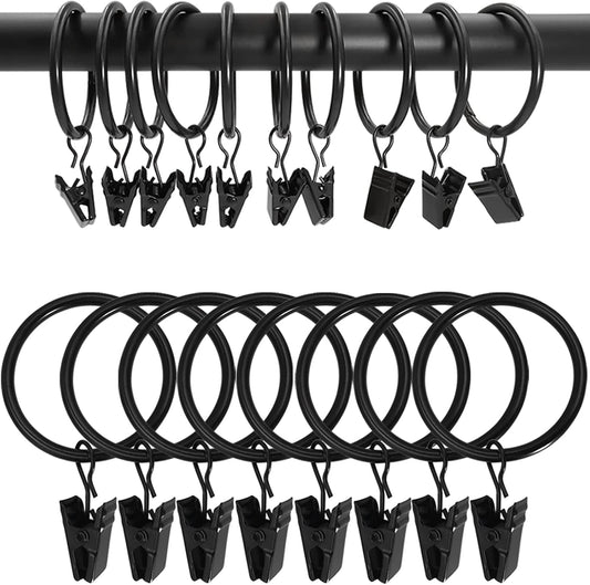 100 Pack Black Curtain Rings with Clips, Curtain Hooks Hangers Clip Rings for Hanging Drapes Bows Hat, Drapery Rings 1.5 in I D, Fits up to 1.2 in Diameter Curtain Rod.
