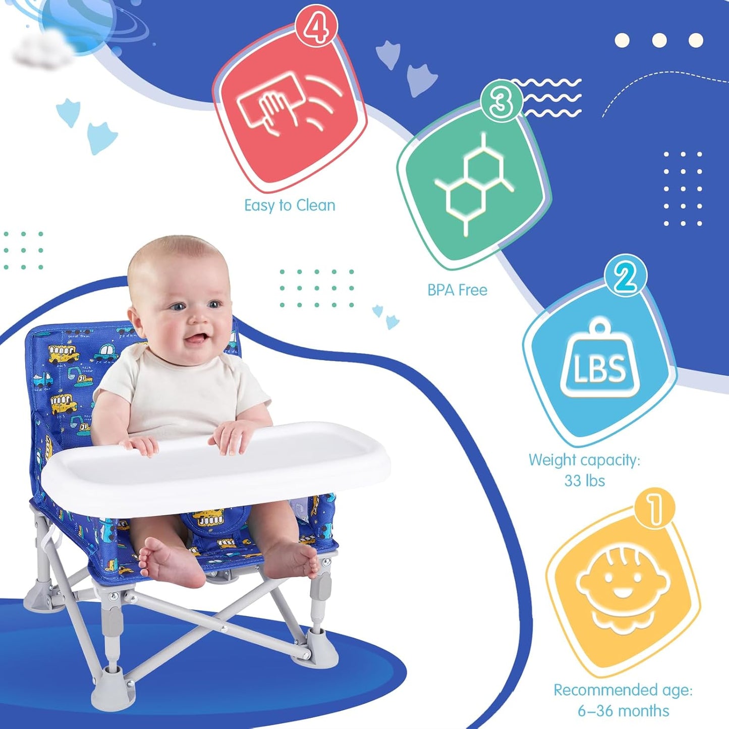 Portable Baby Booster Seat with Tray, Toddler Booster seat for Dining, Camping, Travel, Baby Beach Chair 6 Months to 3 Years Old Indoor Outdoor Use CH2406