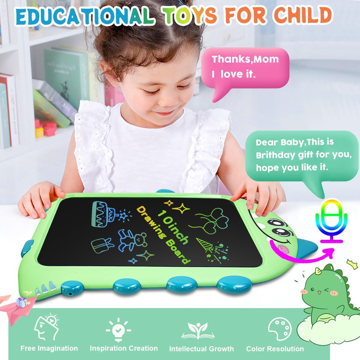 10 Inch LCD Writing Tablet for Kids, Type-C Rechargeable Doodle Board with Dino Sounds, Educational Toy for Toddlers 2-6, Birthday Gifts for 2 Year Old Boy, Toddler Toys for Airplane Travel