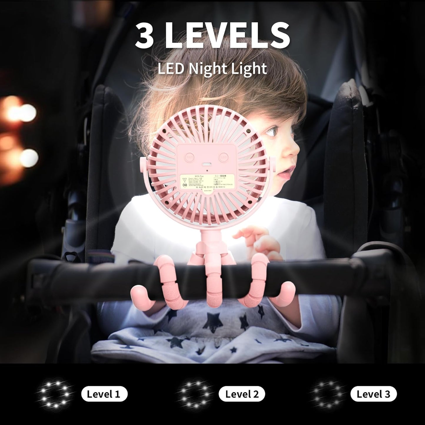 AMACOOL Battery Operated Stroller Fan Flexible Tripod Clip On Fan with 3 Speeds and Rotatable Handheld Personal Fans for Car Seat Crib Bike Treadmill (Pink)