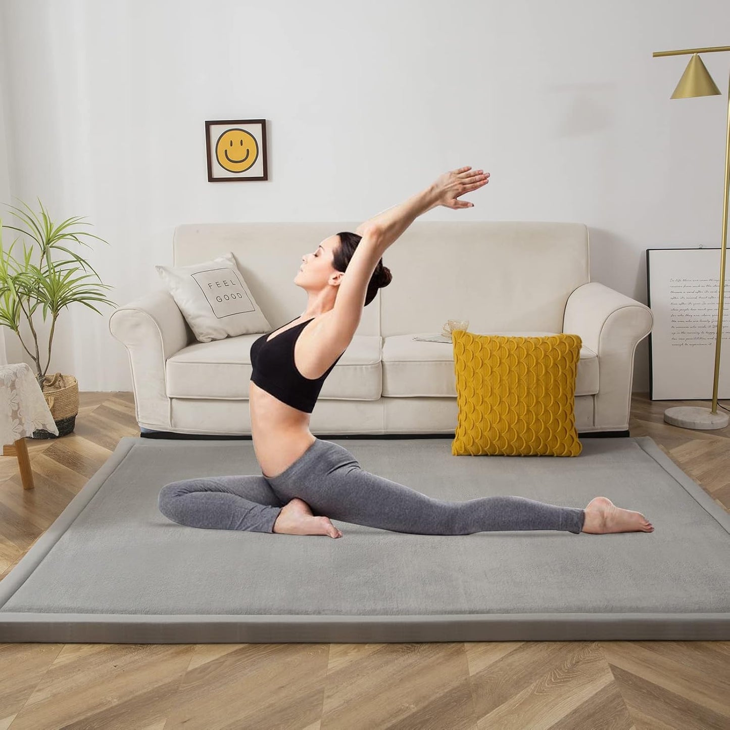 MAXYOYO Grey Coral Velvet Area Rug, Thick Japanese Tatami Mat Living Room Carpet with Non-Slip Backing, Large Solid Color Mat for Bedroom Dormitory Yoga, 78 by 158 inch