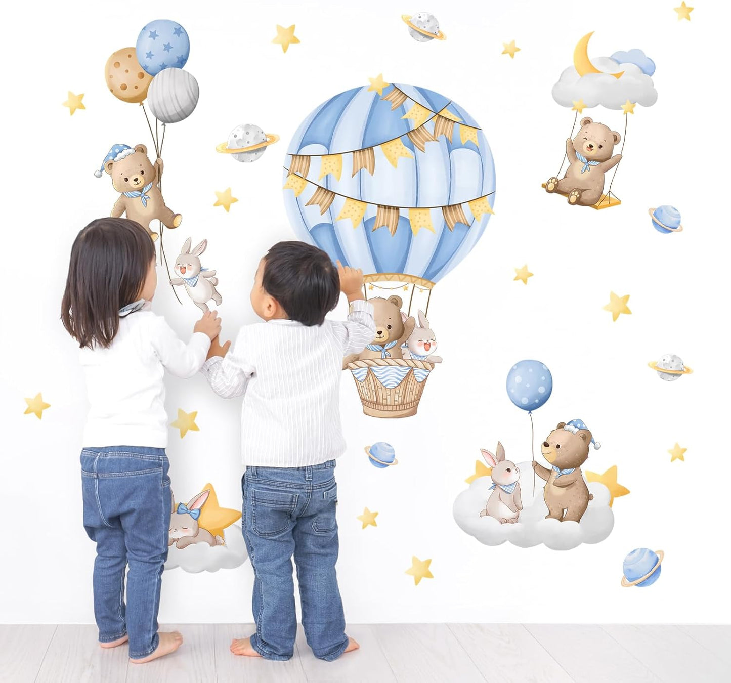 Tanlaby Blue Hot Air Balloon Wall Stickers Cartoon Bear Rabbit Stars Planets Wall Decals Peel and Stick Art Decor for Nursery Kids Bedroom Playroom Daycare Classroom