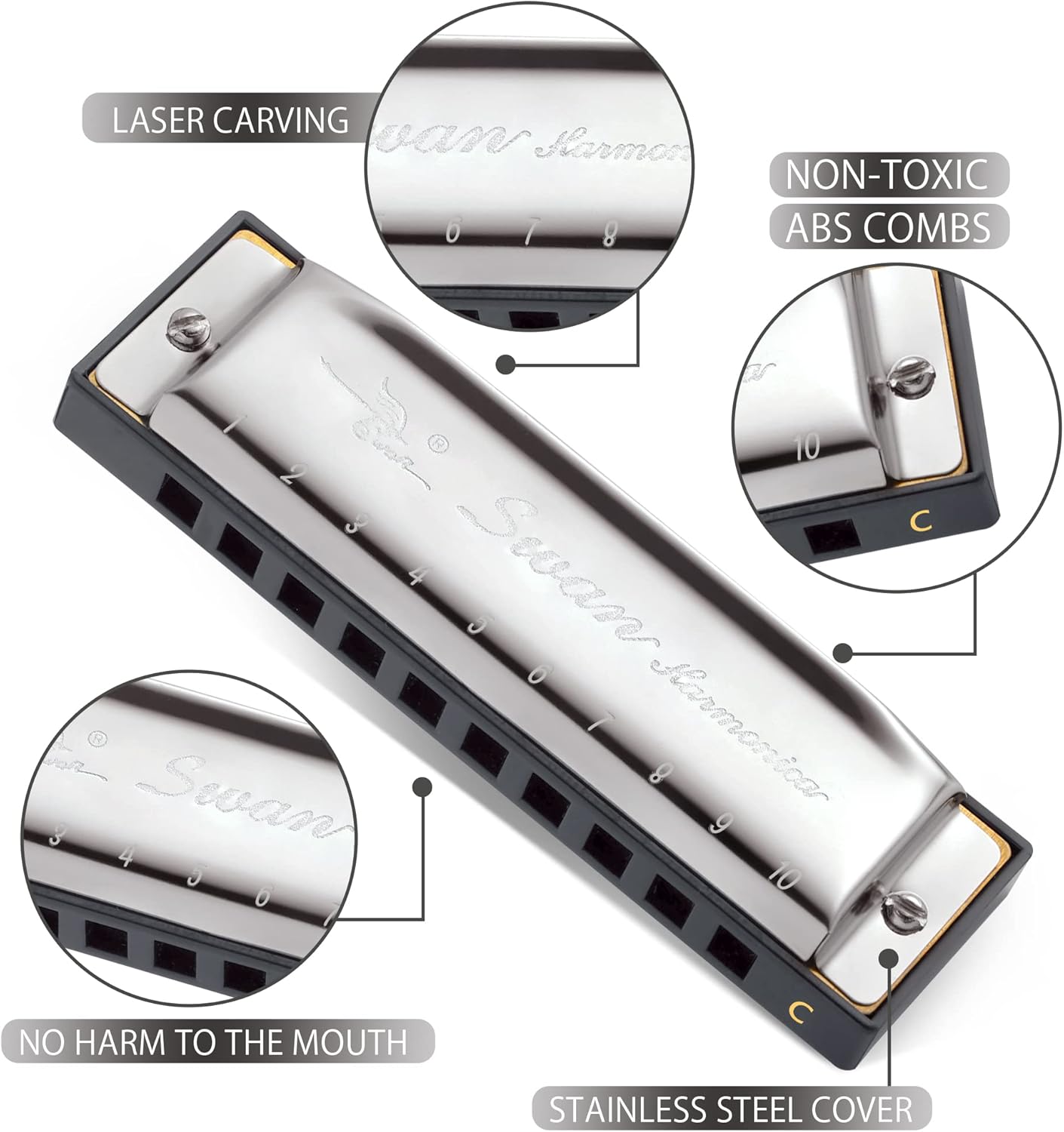 SWAN Blues Harmonica C Key for Kids Adults, 10 Hole Diatonic Harmonica Key of C, Metal Blues Harp for Beginners Students, Mouth Organ in Case, Silver