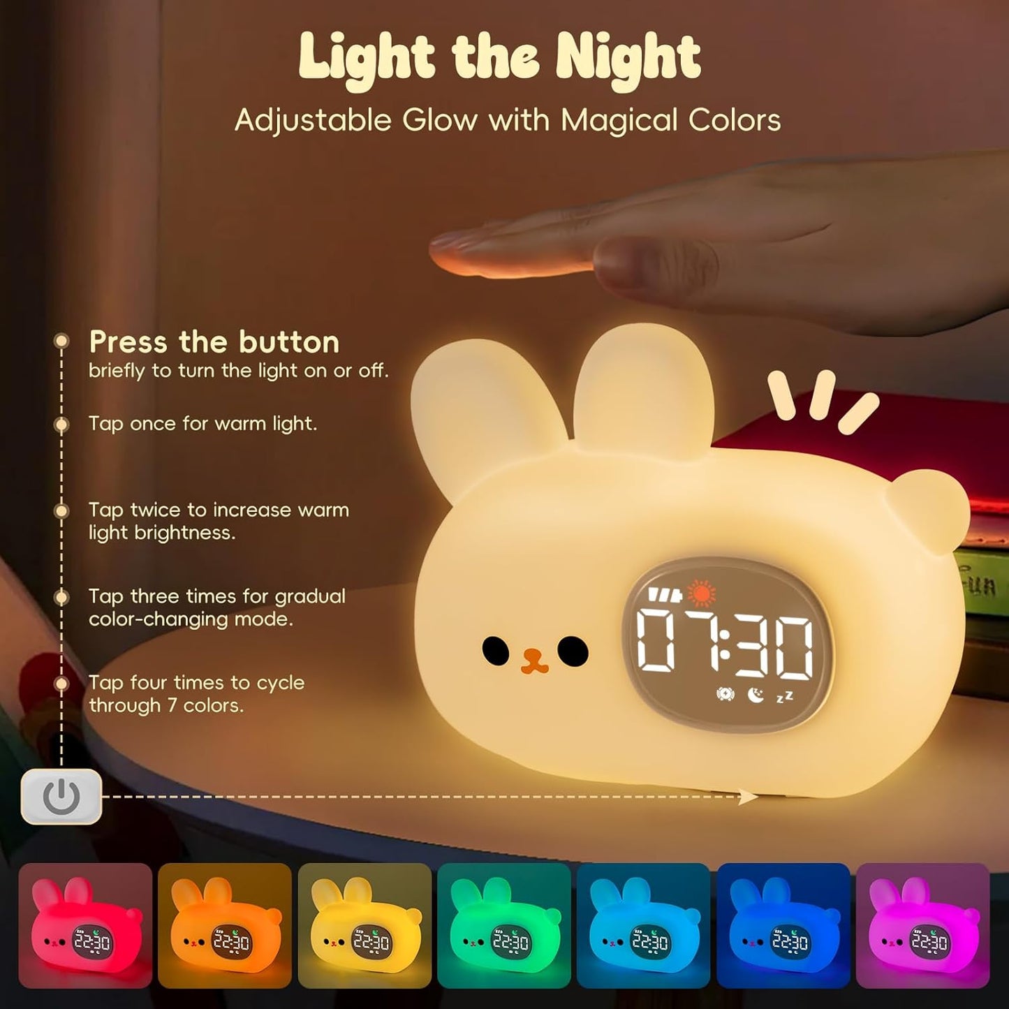 Bunny Alarm Clock with Night Light for Kids with Sleep Training and Sound Machine, Rechargeable Silicone Lamp OK to Wake Clock，Cute Animal Tabletop Lamp, Perfect Sleep Companion for Boys Girls