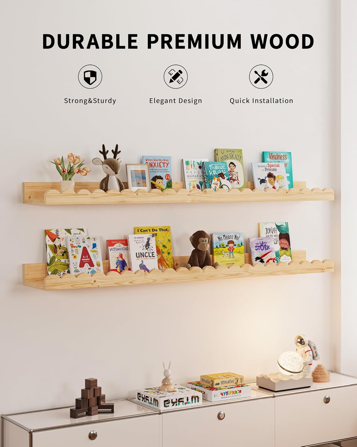 Nursery Book Shelves, 4-Pack Wood Floating Shelves for Wall Kids, Scalloped Shelves, Wall Book Shelves for Bedroom Kids, Toddler Room, Baby Room, Nursery Decor(Wood, 36 Inches)