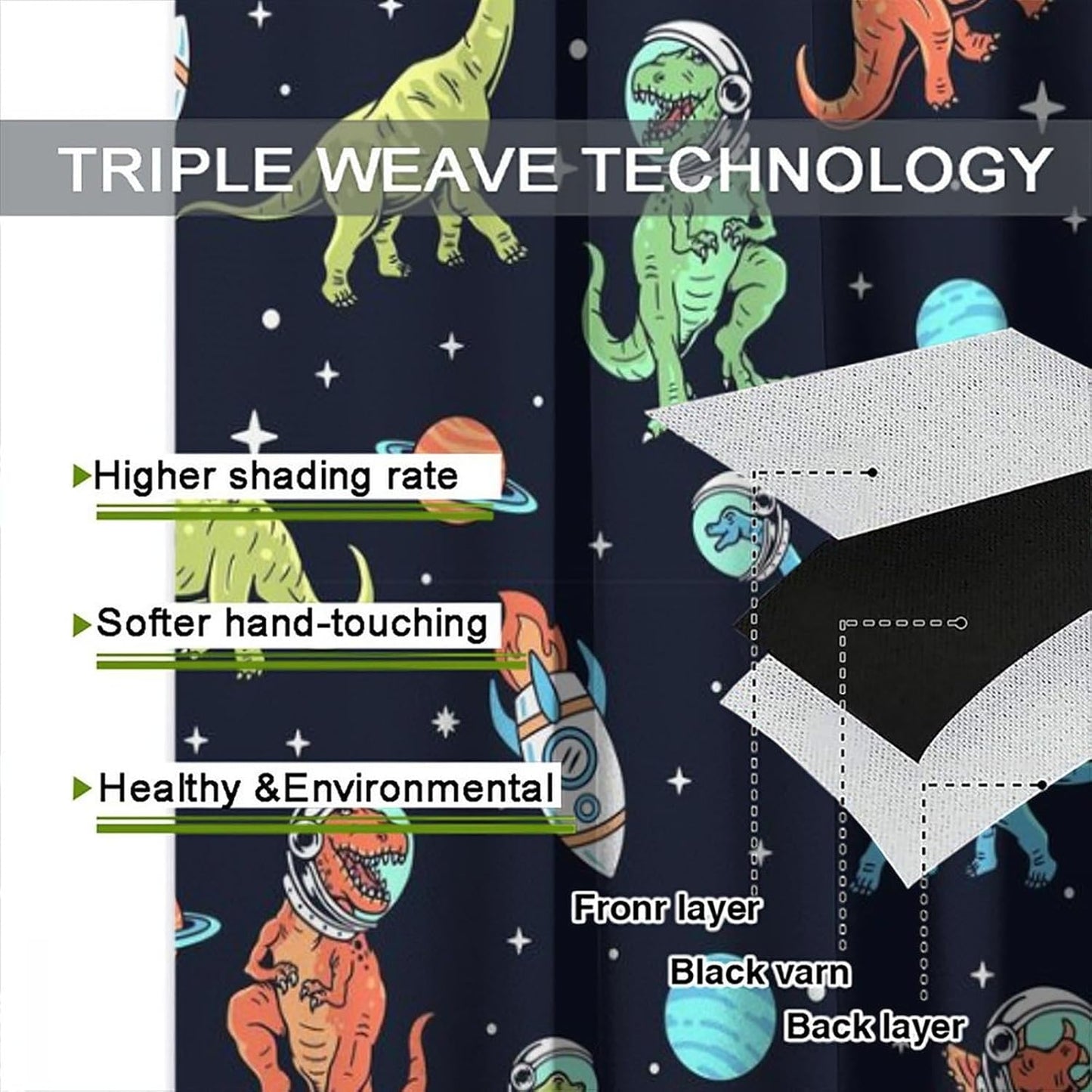 Cartoon Dinosaur Curtains for Kids Boys Girls Home Decor, Astronaut Rocket Funny Outer Space Blackout Rod Pocket Window Drapes for Bedroom Living Room W27.5xL63in 2 Panels