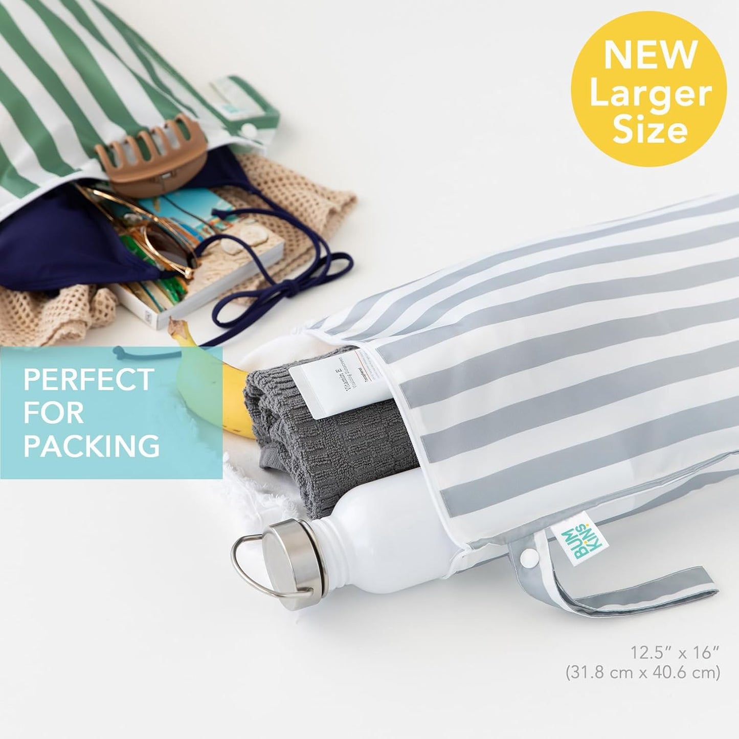 Bumkins - Waterproof Wet Bag - For Baby, Travel, Swim Suit, Cloth Diapers, Pump Parts, Pool, Gym, Toiletry, Strap to Stroller - Reusable & Easy to Clean - 2pk - Gray & Green Stripe