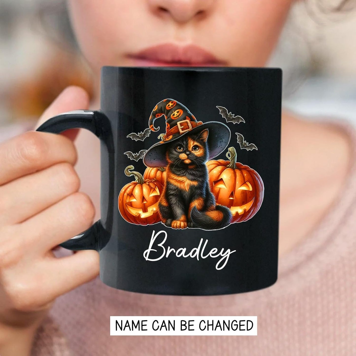 Personalized Tortoiseshell Pumpkins Black Ceramic Cup, Halloween Tortoiseshell Coffee Mug Gift for Cat Lover, Customized Pet's Name Cup 11oz 15oz, Spooky Halloween Cat Mug, Pet Lover Present