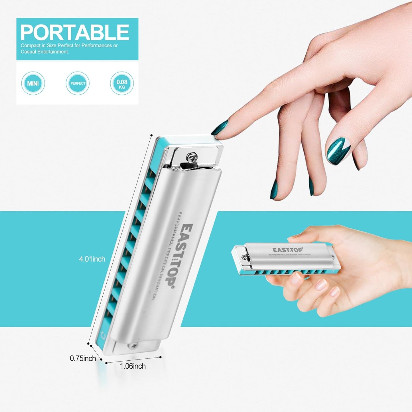 East top Harmonica, Advanced Diatonic Harmonica Key of Db, 10 Holes Blues Harp Mouth Organ Harmonica with Silver Cover, Blues Harmonicas For Adults, Professionals and Students