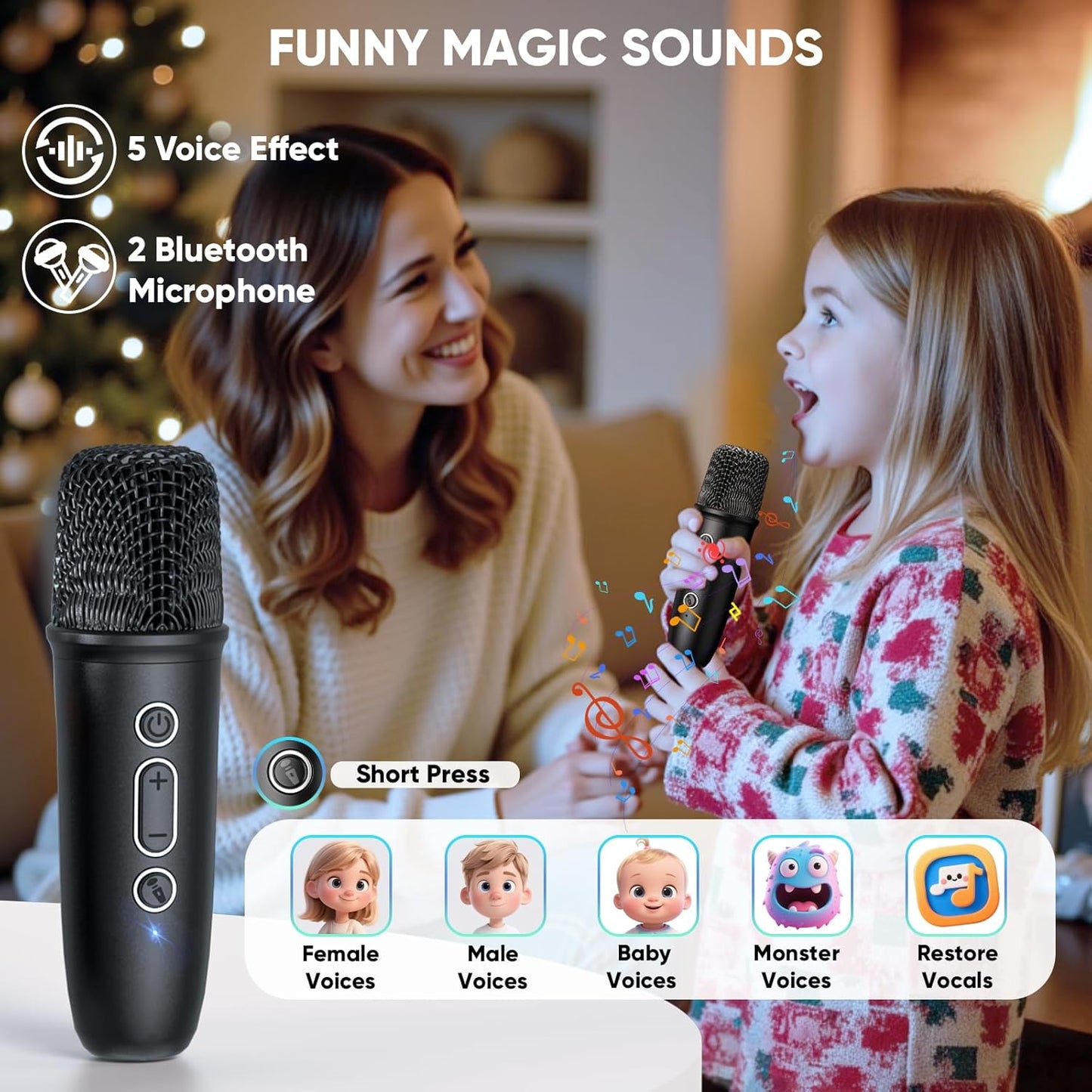 Karaoke Machine with Disco LED Lights for Adults Kids, Portable Bluetooth Speaker with 2 Wireless Microphone Toys Gifts for Girls Boys Birthday Family Home Party