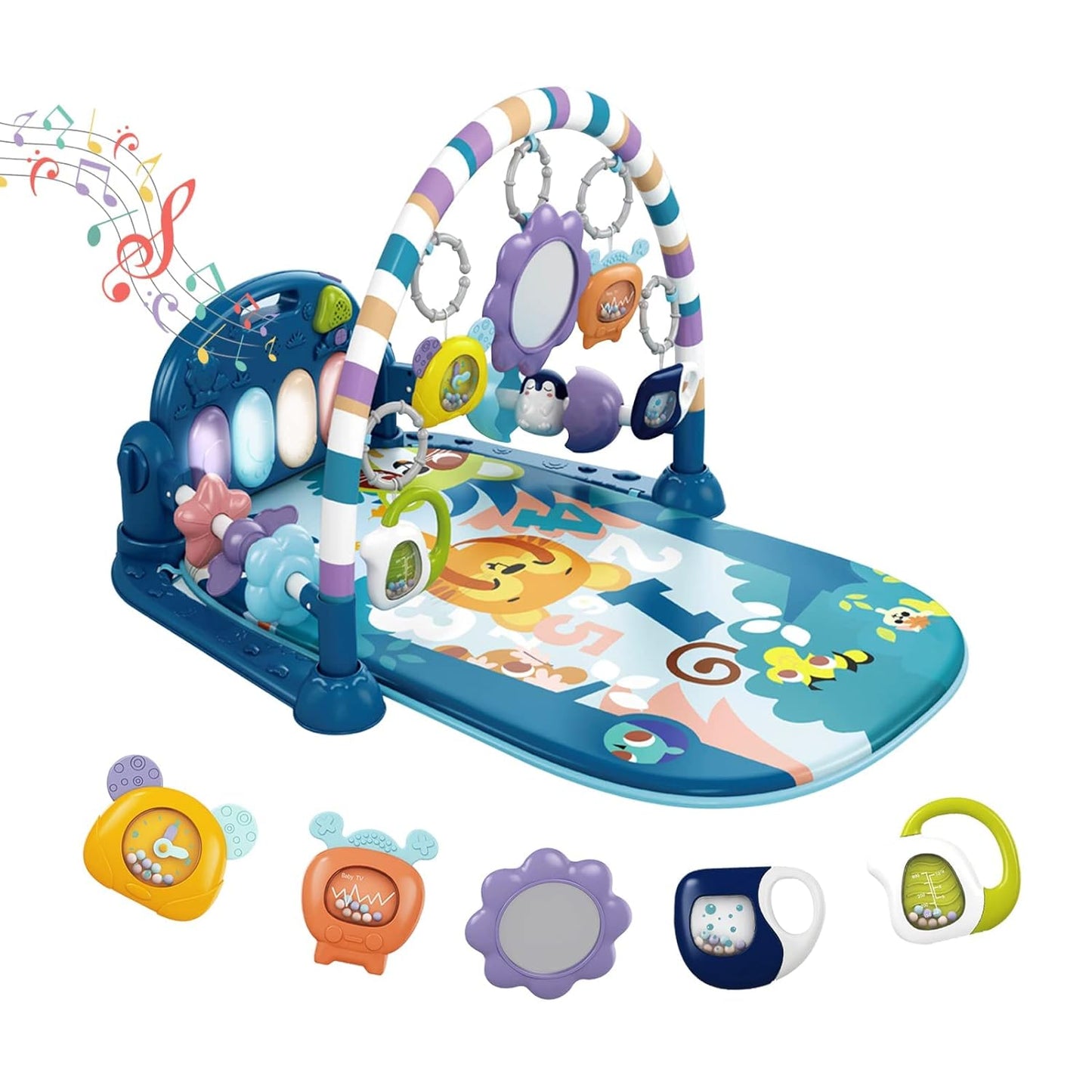 Dearlomum Baby Play Mat & Gym, Fun Piano Tummy Time Activity Mat with 5 Sensory Toys, Music & Lights - Boy & Girl Gifts, 0-12 Months (Blue)