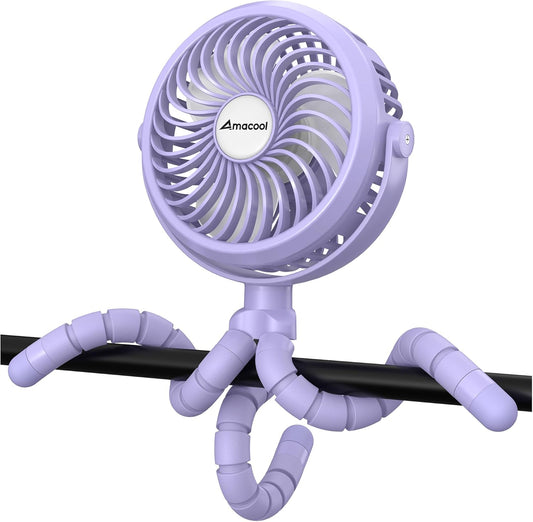 AMACOOL Battery Operated Stroller Fan Flexible Tripod Clip On Fan with 3 Speeds and Rotatable Handheld Personal Fans for Car Seat Crib Bike Treadmill (Purple)