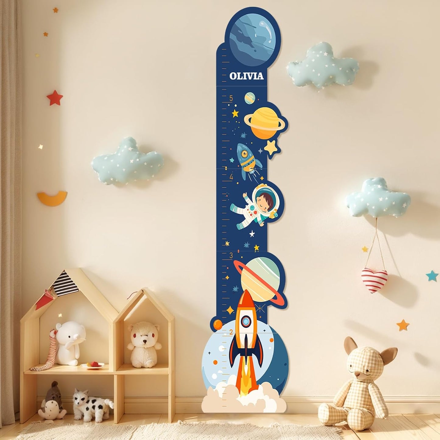 Personalized Name Wooden Growth Chart Wall Decor – Kids' Space Height Measurement Chart for Baby, Boys & Girls Room 62.5" x 15.5"
