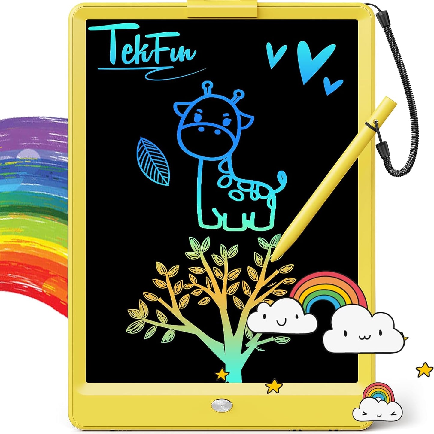 TEKFUN Toys for Girls Boys 10IN LCD Writing Tablet, Magic Doodle Board with Anti-Lost Stylus, Mess Free Coloring for Toddlers Drawing Pad, Toddler Travel Car Plane Trip Toys Gifts (Yellow)
