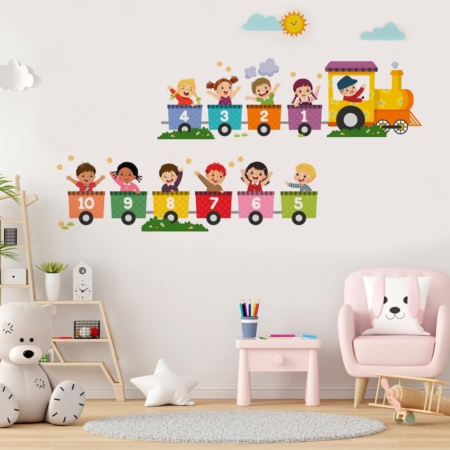 Alphabet Train Color Learning Educational Wall Decals Peel and Stick Cute Animal Wall Stickers for Educational Classroom Kids Playroom Bedroom Decorations (Train Numbers Reverse)