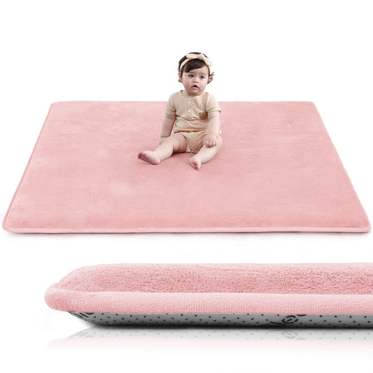 Baby Play Mat for Floor,1.3" Thick Elasti-Foam 50"×50" Playpen Mat for Tummy Time,Water Repellent Soft Coral Velvet for Toddler,Infant,Kids,Non-Slip Backing Safe for Crawling(Pink)