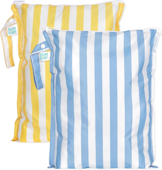 Bumkins - Waterproof Wet Bag - For Baby, Travel, Swim Suit, Cloth Diapers, Pump Parts, Pool, Gym, Toiletry, Strap to Stroller - Reusable & Easy to Clean - 2pk - Yellow & Blue Stripe